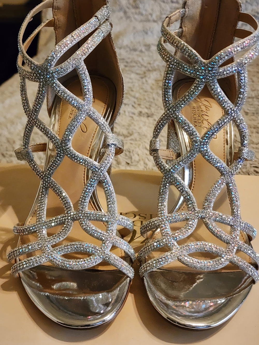 Jewel Badgley Mischka Silver Crystal Strappy High Heels - Picture 6 of 10